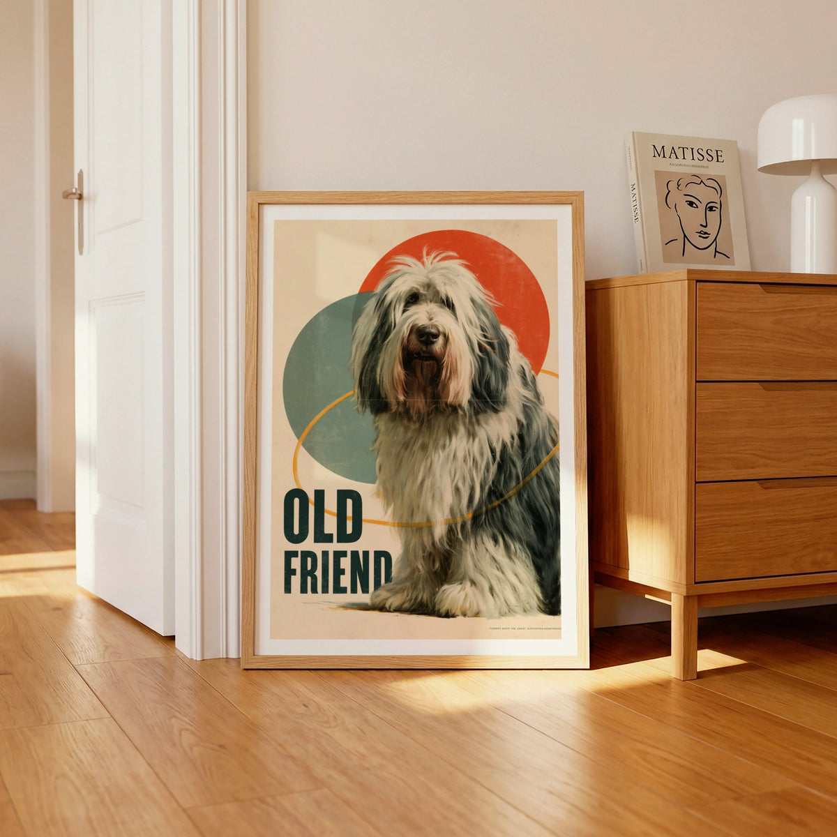 Old English Sheepdog Retro Poster, Vintage Dog Print, Folk Wall Art, Bobtail Gift