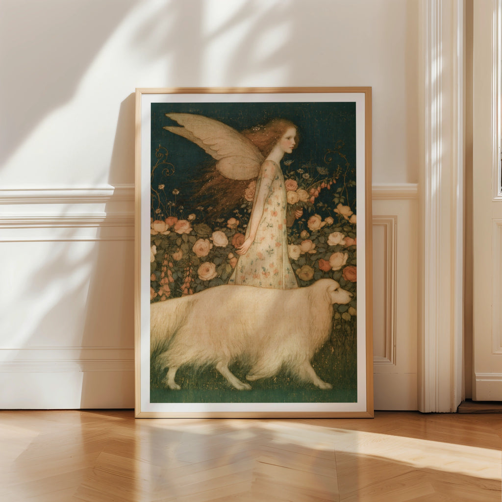Arthur Rackham Fairy Girl Rose Garden Print, Classic Inspired Art, Vintage Fairy Dog Floral Poster