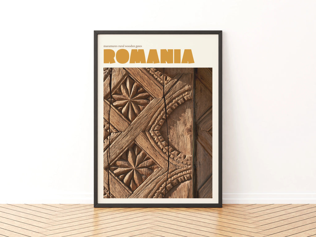 Romania Travel Poster, Contemporary Maramures Wooden Gate Print, Eastern Europe Wall Art