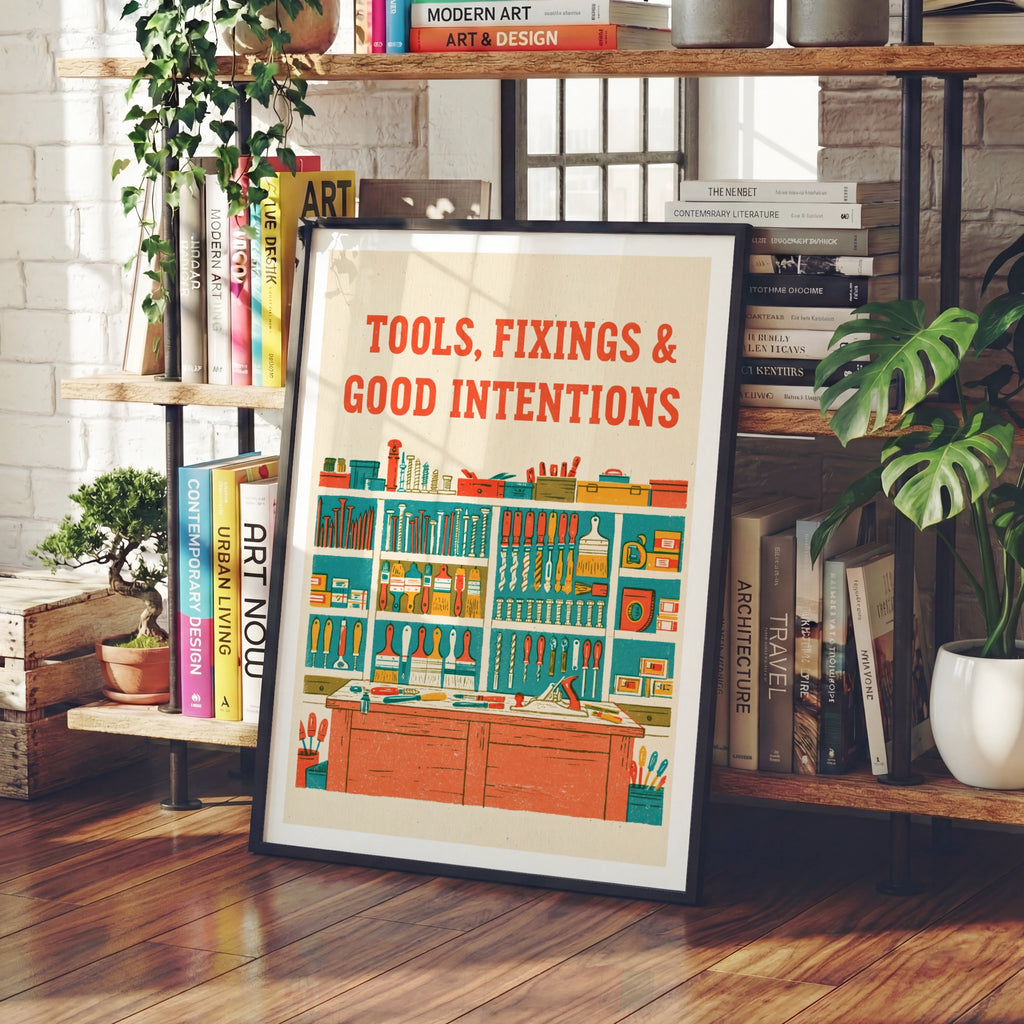 Tools Fixings Good Intentions Retro Workshop Poster, DIY Wall Art, Shed Print