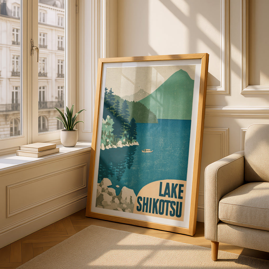Retro Lake Shikotsu Poster, Vintage Travel Print, Hokkaido Japan Wall Art, Japanese Lake Scene