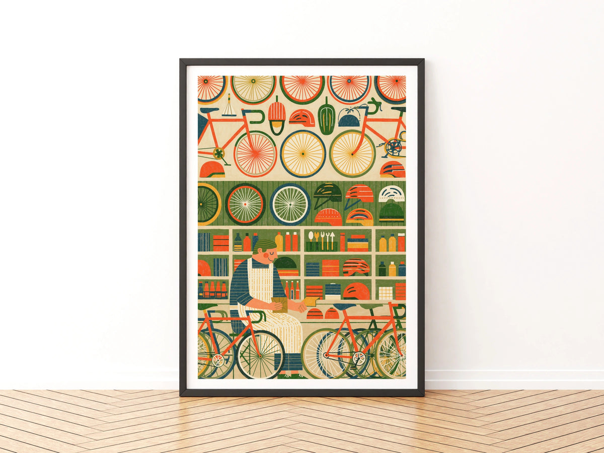 Retro Bicycle Shop Poster, Vintage Cycling Art Print, Bike Store Wall Decor, Cyclist Gift