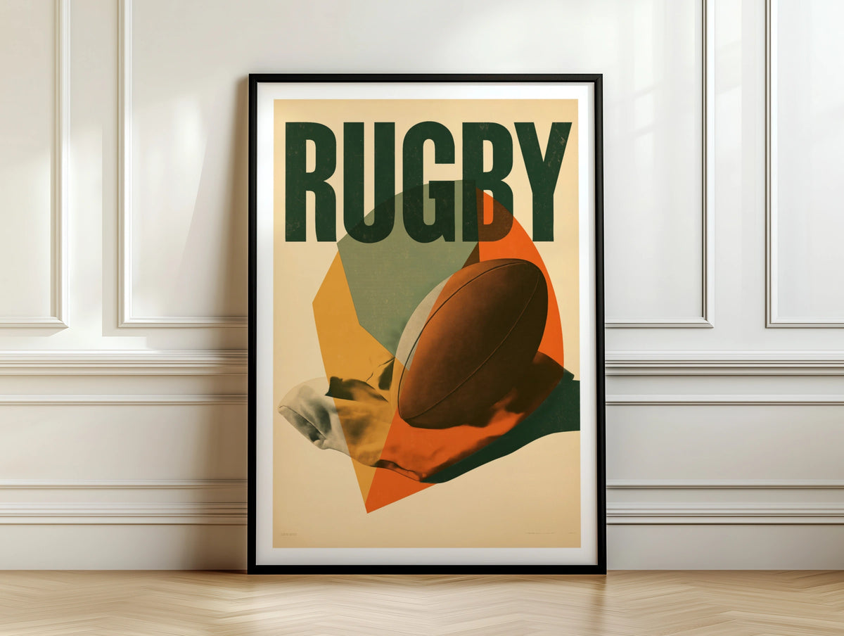 Retro Rugby Poster, Vintage Rugby Ball Print, Sports Wall Art, Green Orange Decor