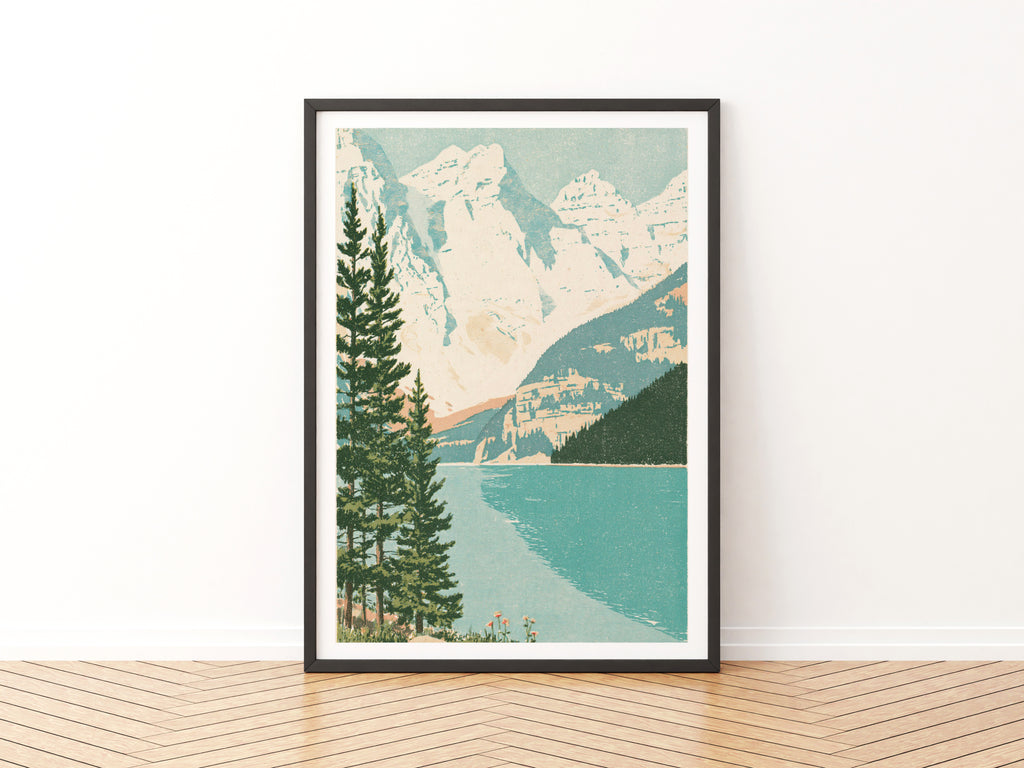 Retro Mountain Lake Wall Art, Vintage Travel Poster, Alpine Landscape Print, Pine Trees, Turquoise
