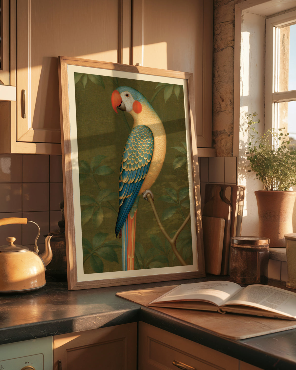 Vintage Parrot Poster, Classic Inspired Prints, Tropical Bird Wall Art, Olive Green Botanical Decor