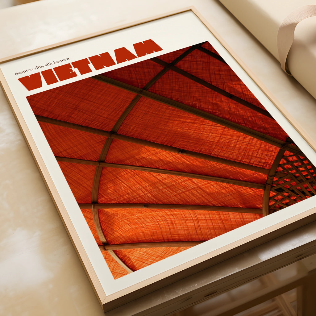 Vietnam Travel Poster, Retro Silk Lantern Print, Red Orange Wall Art, Asian Decor