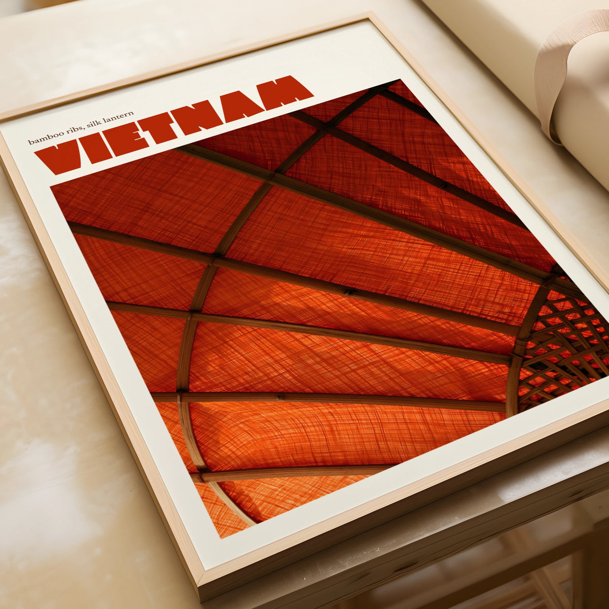 Vietnam Travel Poster, Retro Silk Lantern Print, Red Orange Wall Art, Asian Decor