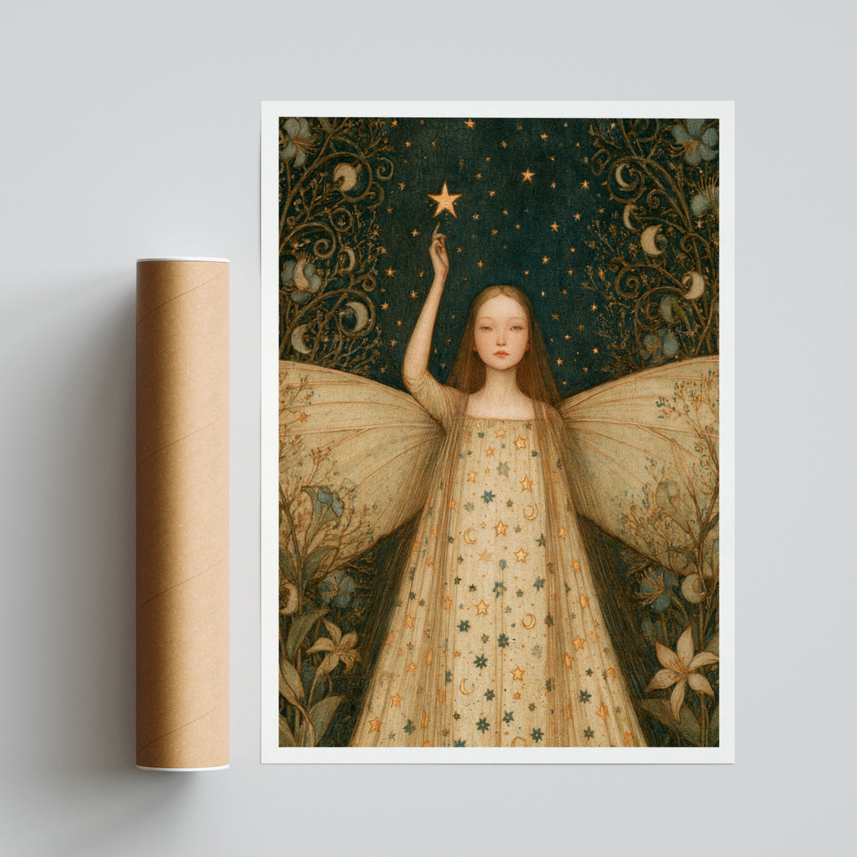 Star Fairy Star Print, Classic Celestial Fairy Poster, Teal Gold Moon Wall Art, Whimsical Folk
