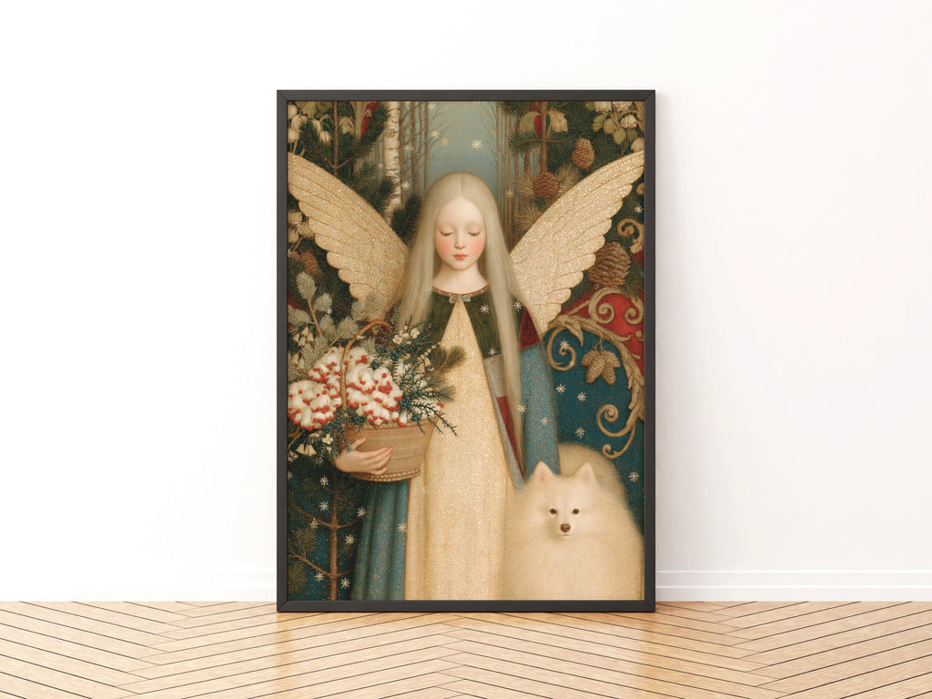Winter Angel Art Print, Christmas Fairy Poster, Vintage Folk Style, White Dog Spitz Wall Art