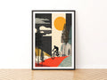 Retro Mountain Bike Poster, Cycling Art Print, Forest Trail, Vintage Sun Wall Art