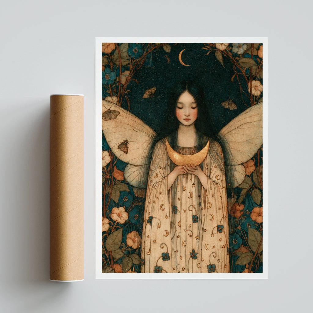 Fairy Moon Girl Classic Inspired Print, Floral Night Sky Poster, Celestial Wall Art
