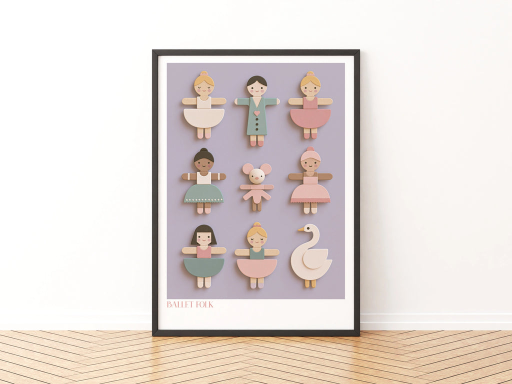 Ballet Folk Retro Nursery Poster, Wooden Toy Ballerina Wall Art, Children's Collectable Print
