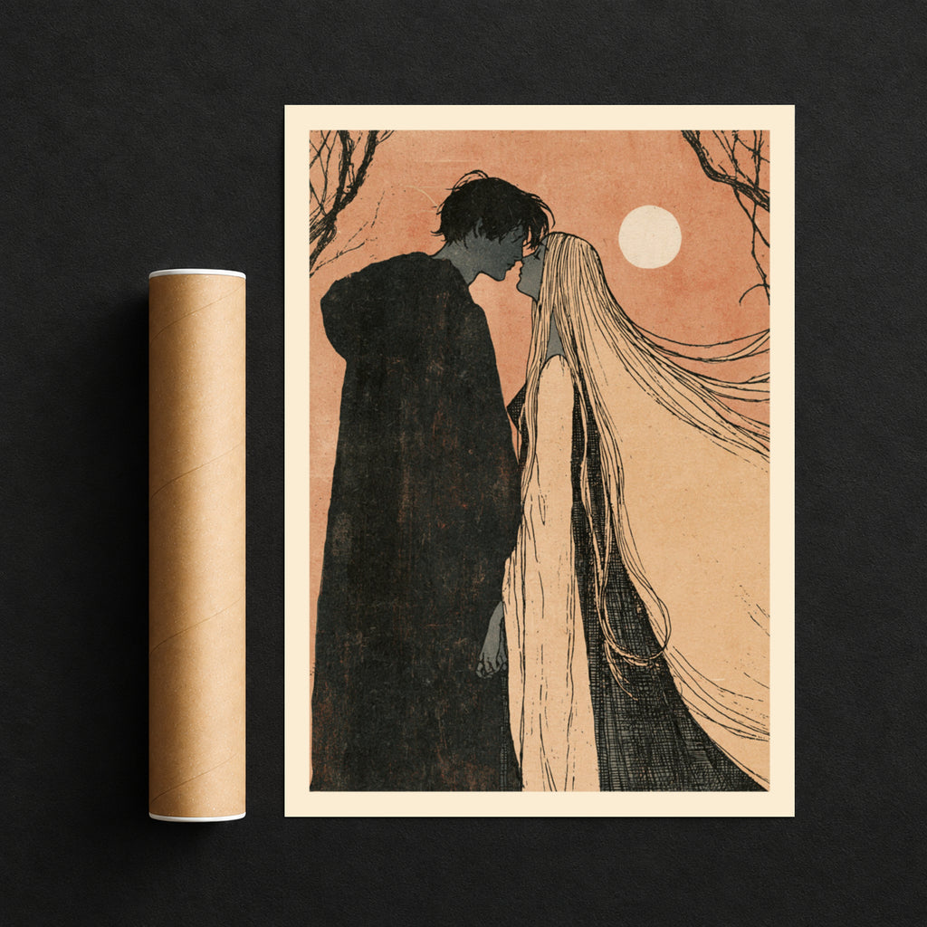 Gothic Romance Wall Art, Moonlit Lovers Poster, Dark Academia Print, Bare Trees, Moon Illustration