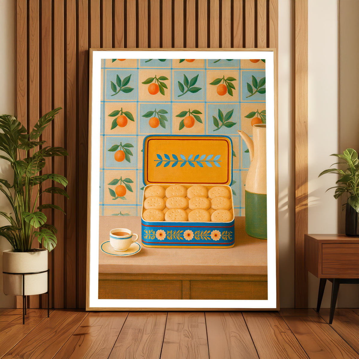 Vintage Food Poster Print, Biscuit Tin Tea Kitchen Art, Retro Mid Century Risograph Wall Decor