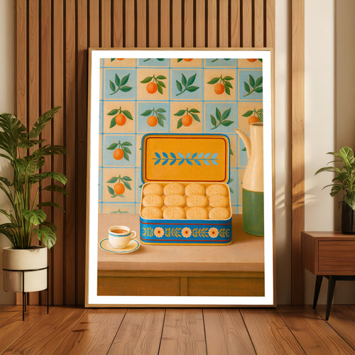 Vintage Food Poster Print, Biscuit Tin Tea Kitchen Art, Retro Mid Century Risograph Wall Decor
