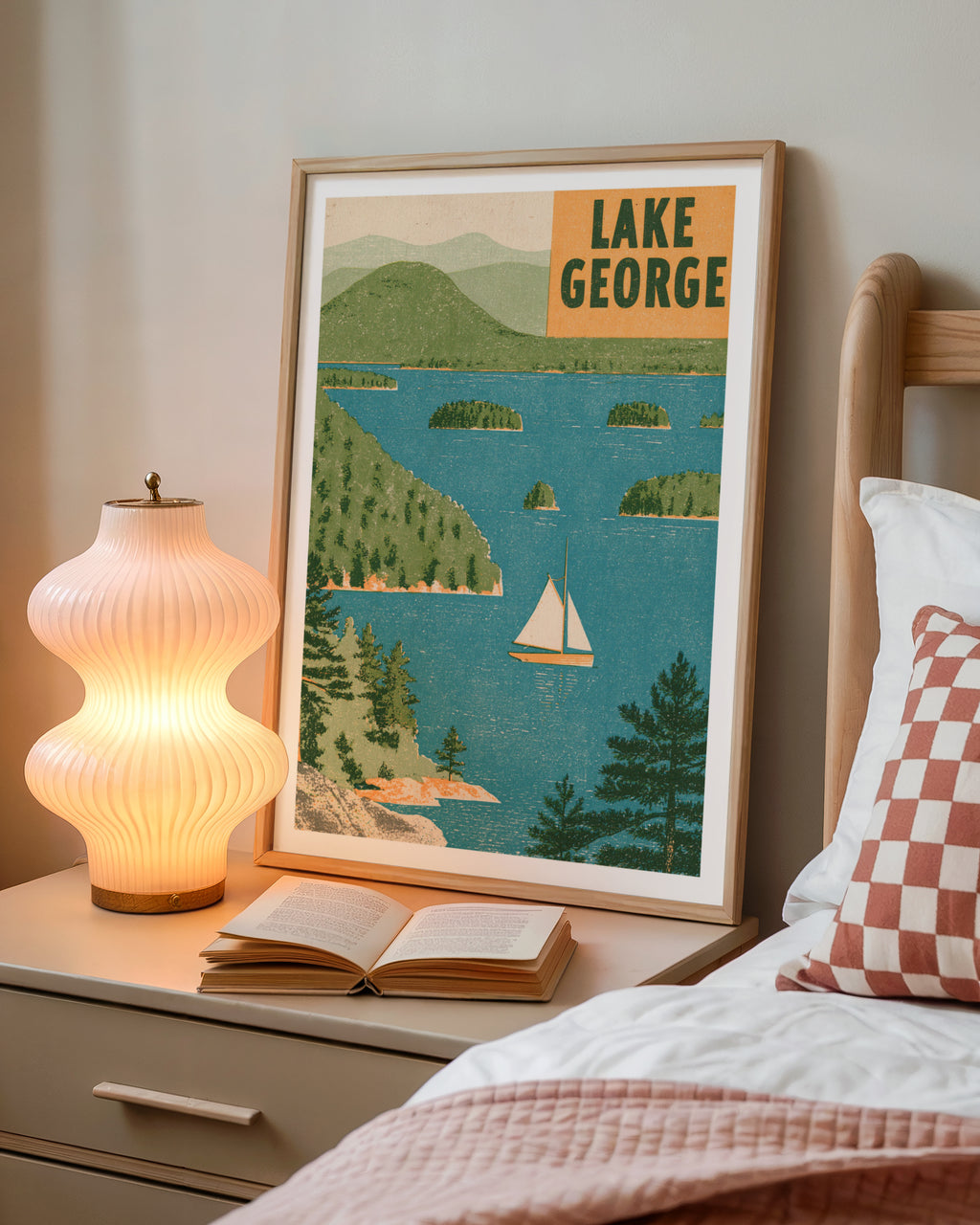 Retro Lake George Poster, Vintage Travel Print, New York Adirondacks Sailboat Wall Art, Lake House