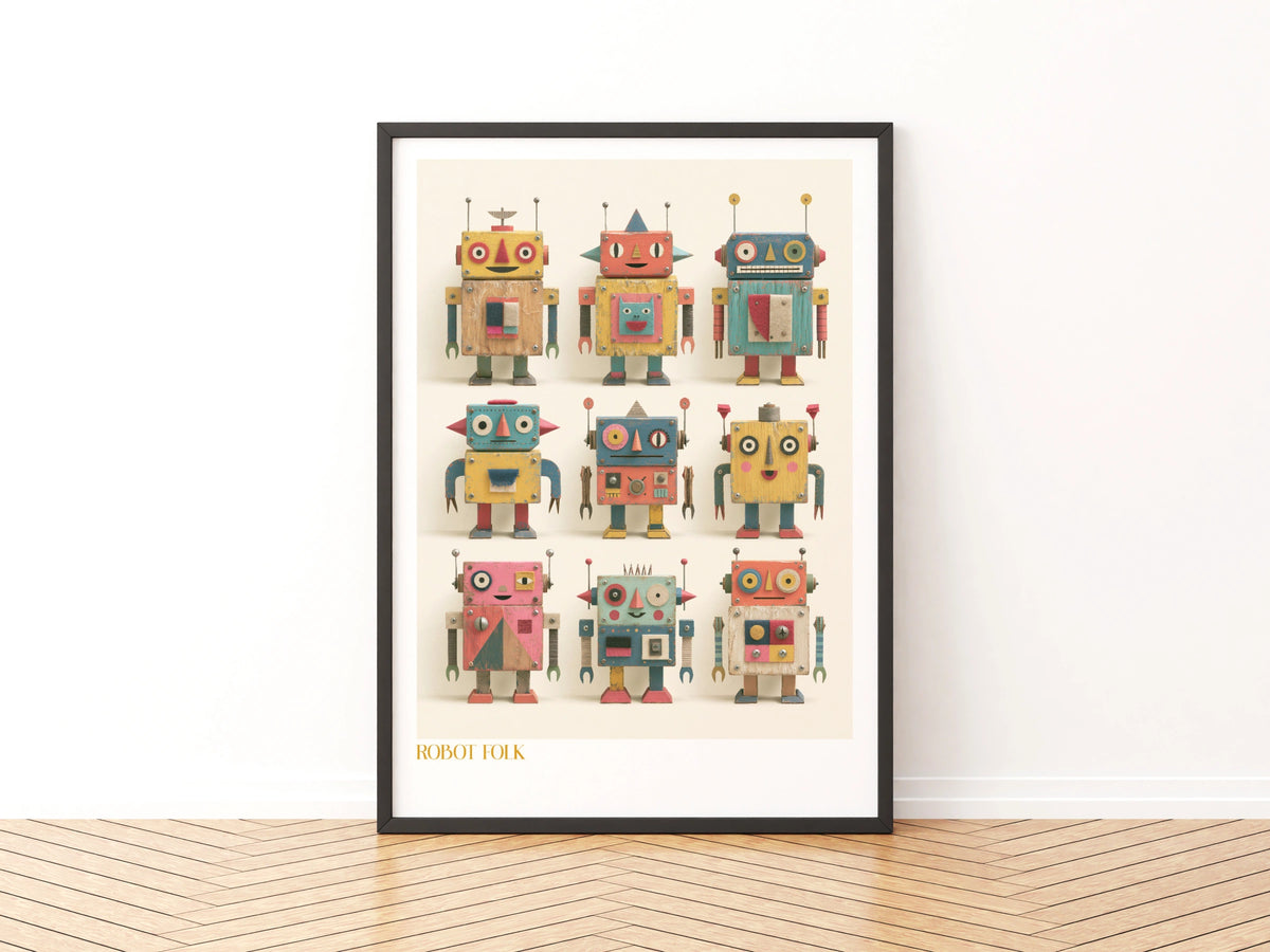 Robot Folk Art Print, Retro Children's Collectable Poster, Vintage Toy Robot Kids Wall Art