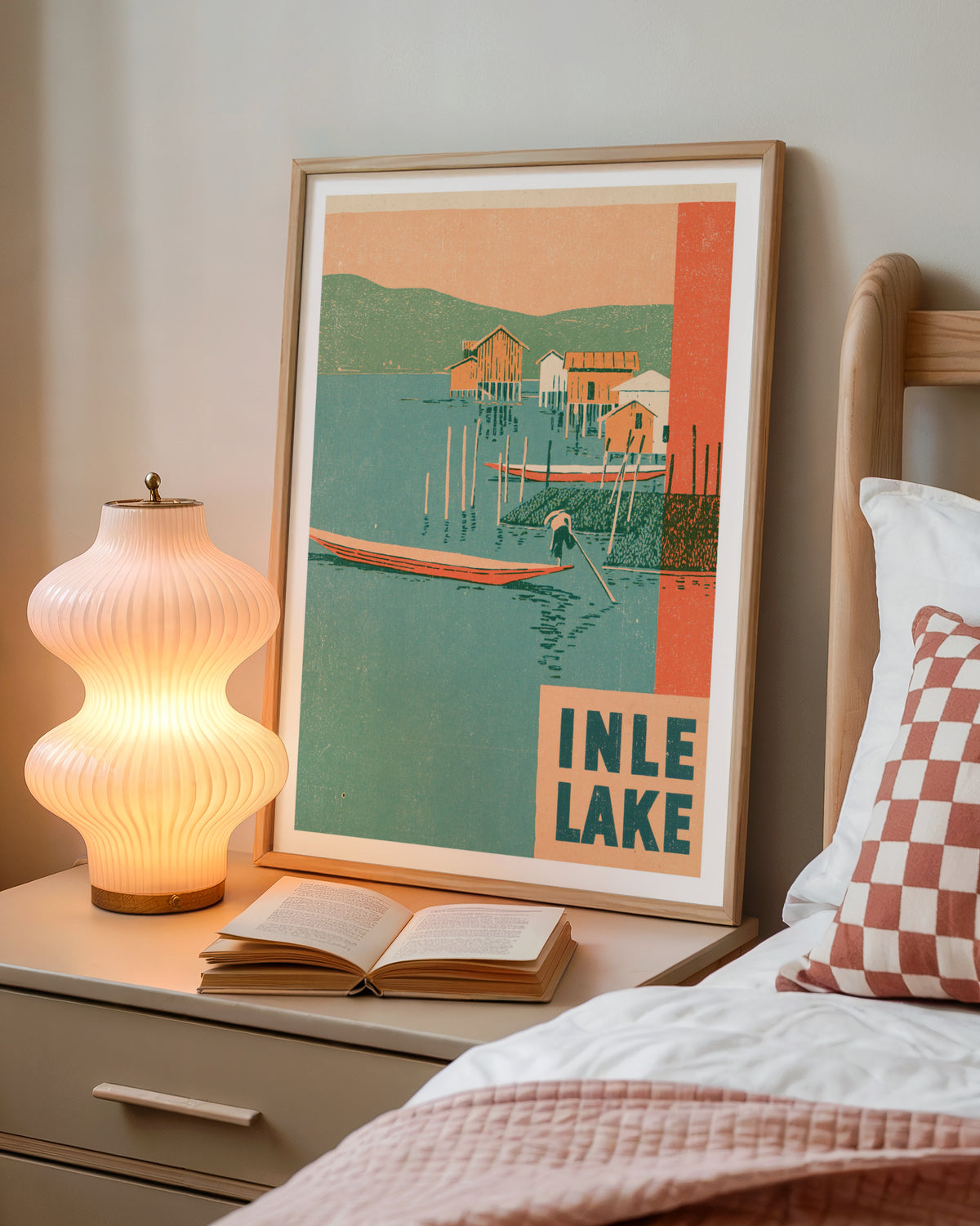 Retro Inle Lake Poster, Vintage Travel Print, Myanmar Burma Wall Art, Stilt Houses, Fisherman Boat