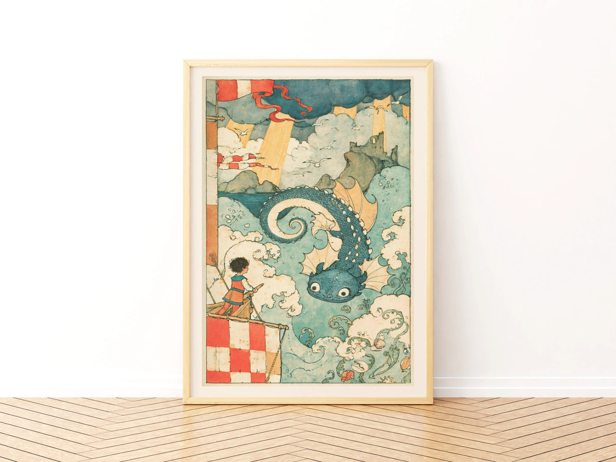 The Sea Captain & Sea Dragon Print,  Ocean adventure Art for Boys Bedroom, Mytholgy