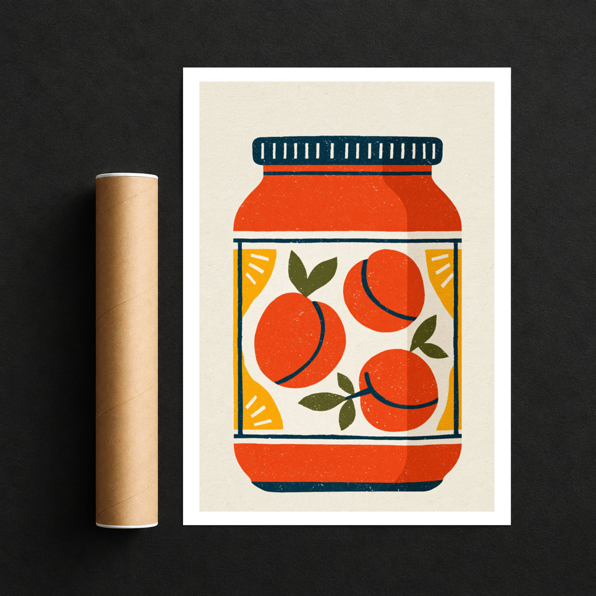 Vintage Food Poster Print, Peach Jam Jar, Rustic Kitchen Decor, Retro Mid Century Risograph Art