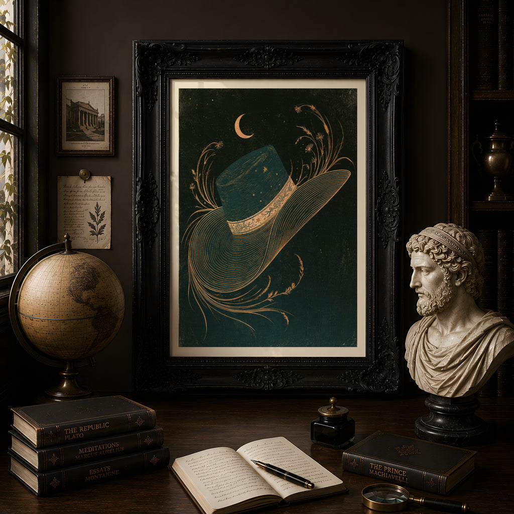 Celestial Straw Hat Art Print, Crescent Moon, Wildflowers, Dark Green Gold Boho Wall Decor Poster