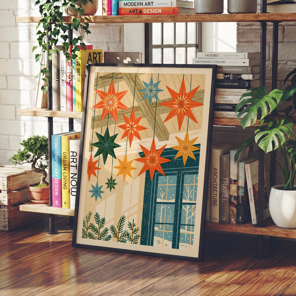 Winter Light Star Poster, Retro Christmas Wall Art, Scandi Hygge Print, Festive Home Decor