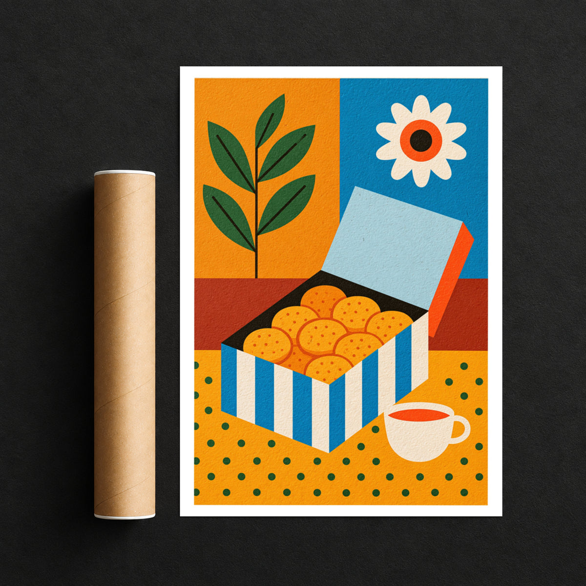 Vintage Food Poster Print, Biscuit Box Tea Cup, Rustic Kitchen Decor, Retro Mid Century Risograph
