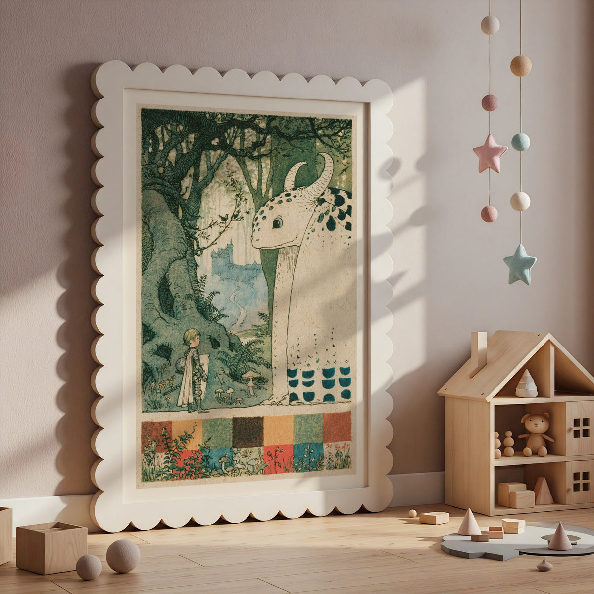 Retro Children's Dragon Knight Print, Vintage Folk Tale Wall Art, Kids Fantasy Poster George and the Dragon