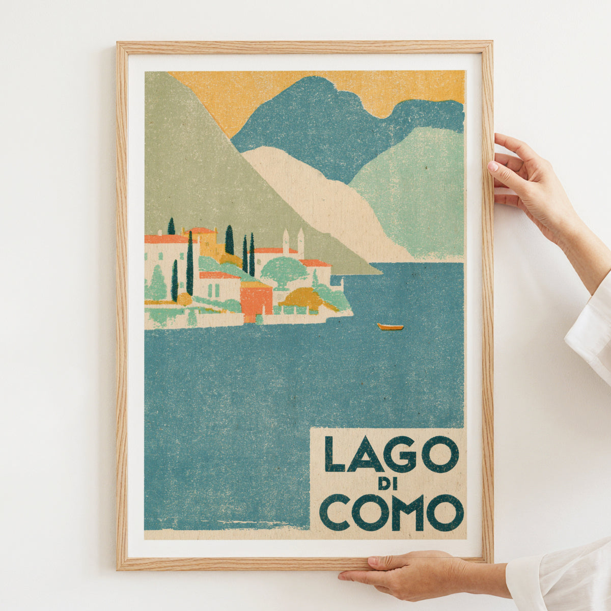 Lago di Como Retro Travel Poster, Vintage Travel Italy Lake Print, Italian Lakeside Village Wall Art