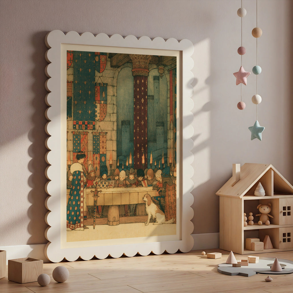 King Arthur and Roundtable Medieval Castle Kids Print, Knights Banquet Wall Art, Children's Collectable Poster