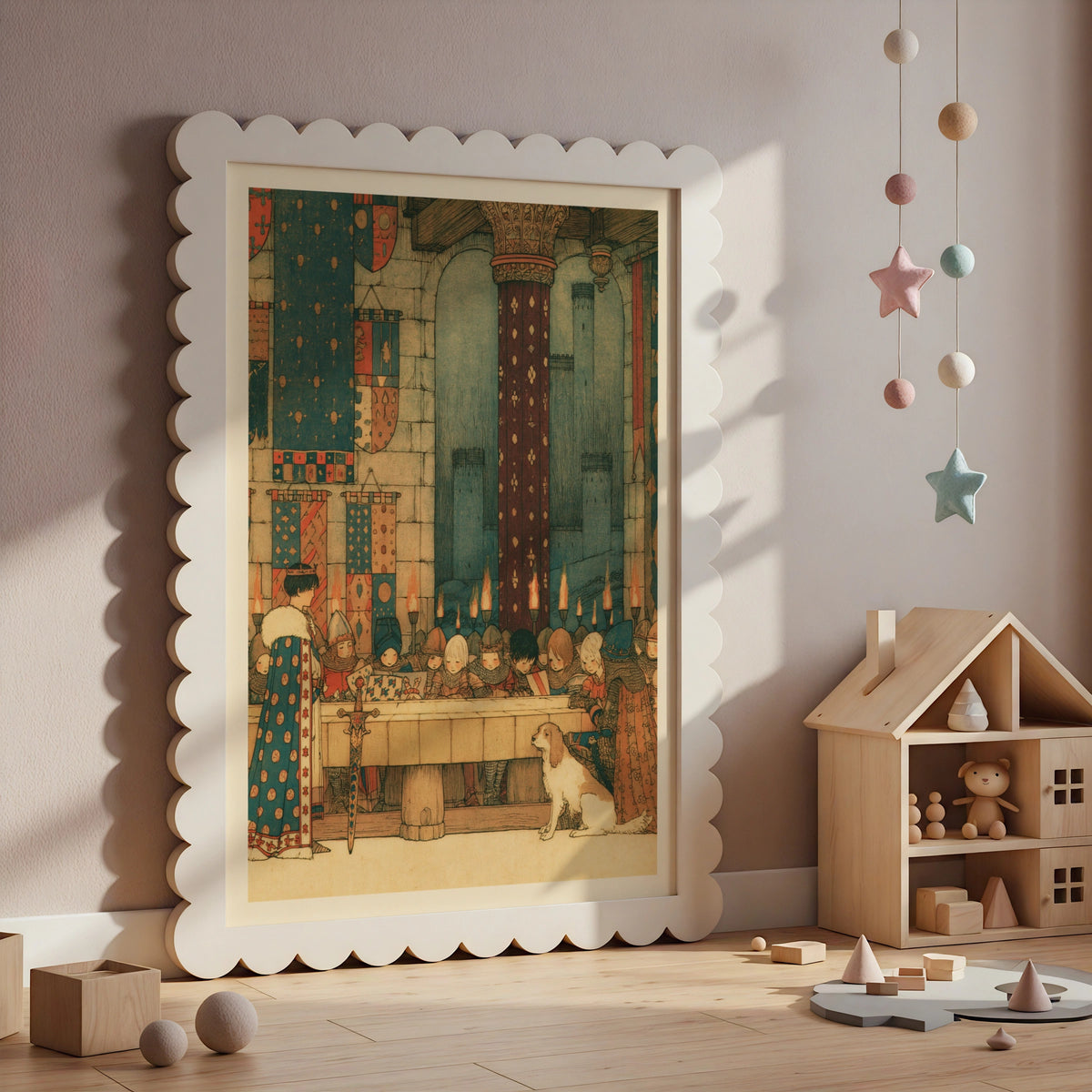 King Arthur and Roundtable Medieval Castle Kids Print, Knights Banquet Wall Art, Children's Collectable Poster