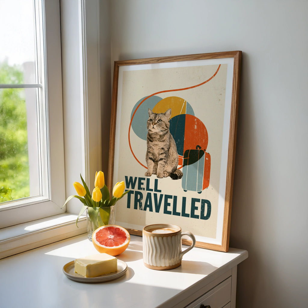 Well Travelled Retro Cat Print, Vintage Travel Wall Art, Funny Cat Gift, Folk Style