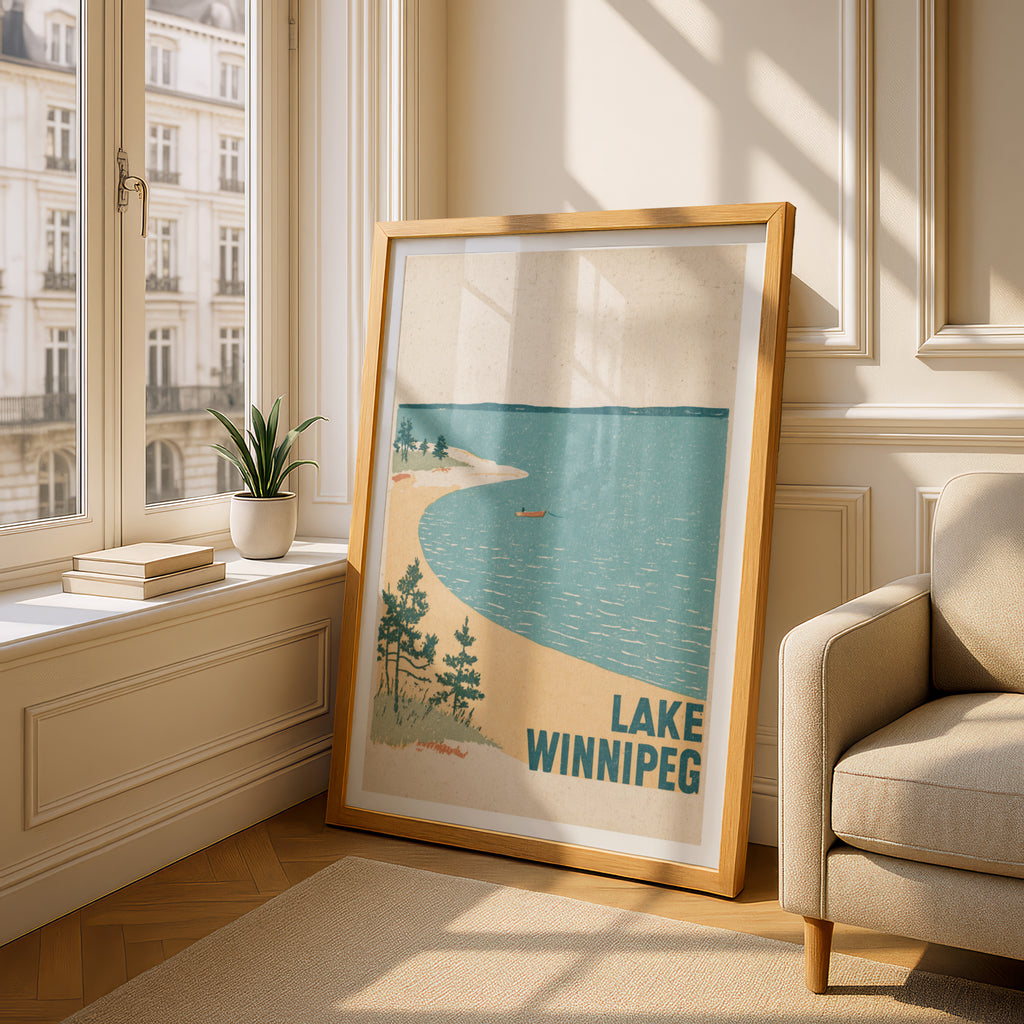 Lake Winnipeg Retro Print, Vintage Travel Poster, Manitoba Canada Lakeside Beach, Rowing Boat Pine
