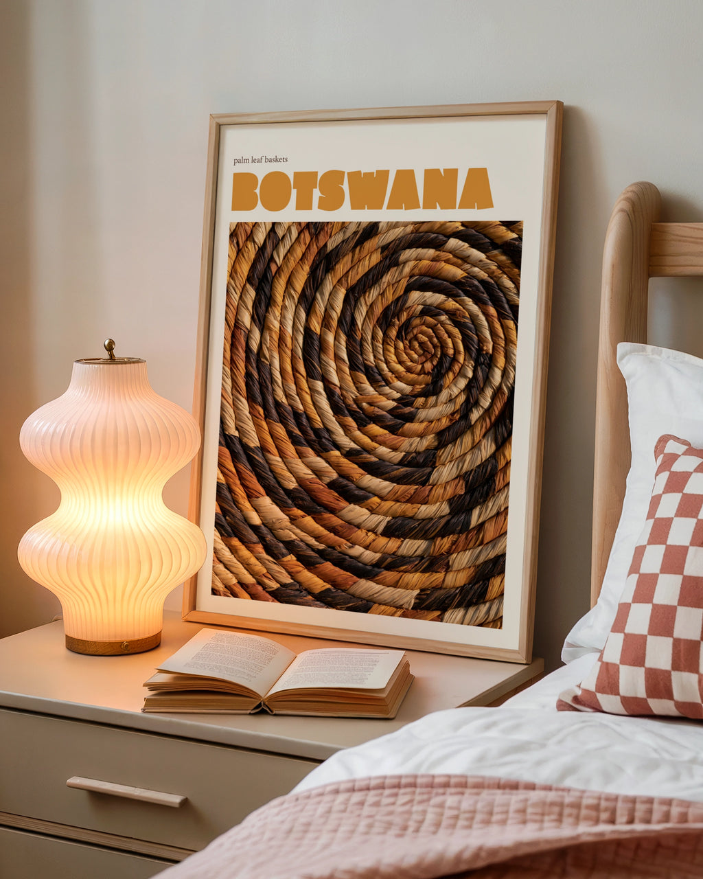 Botswana Travel Print, contemporary Africa Wall Art, Palm Leaf Basket, Earth Tones