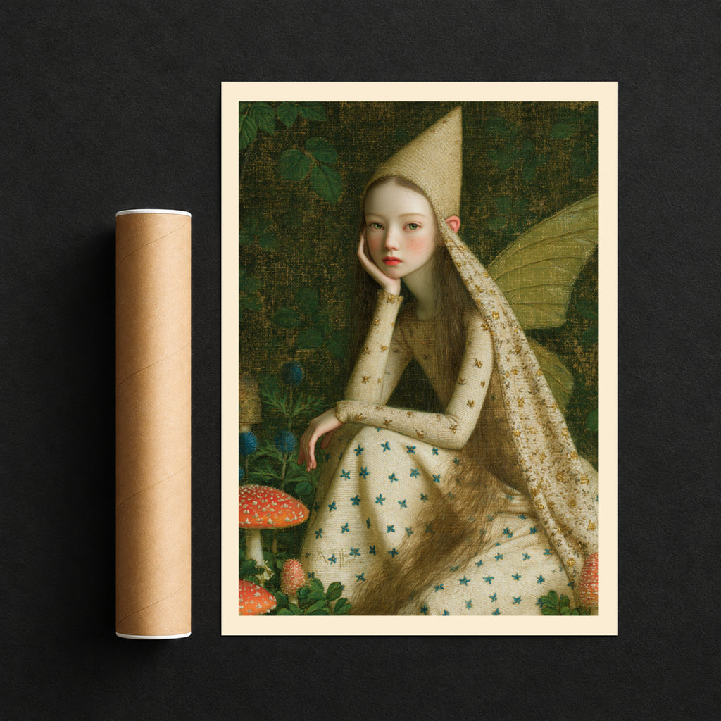 Woodland Fairy Art Print, Forest Mushroom Poster, Fairycore Wall Art, Whimsical Nature Portrait