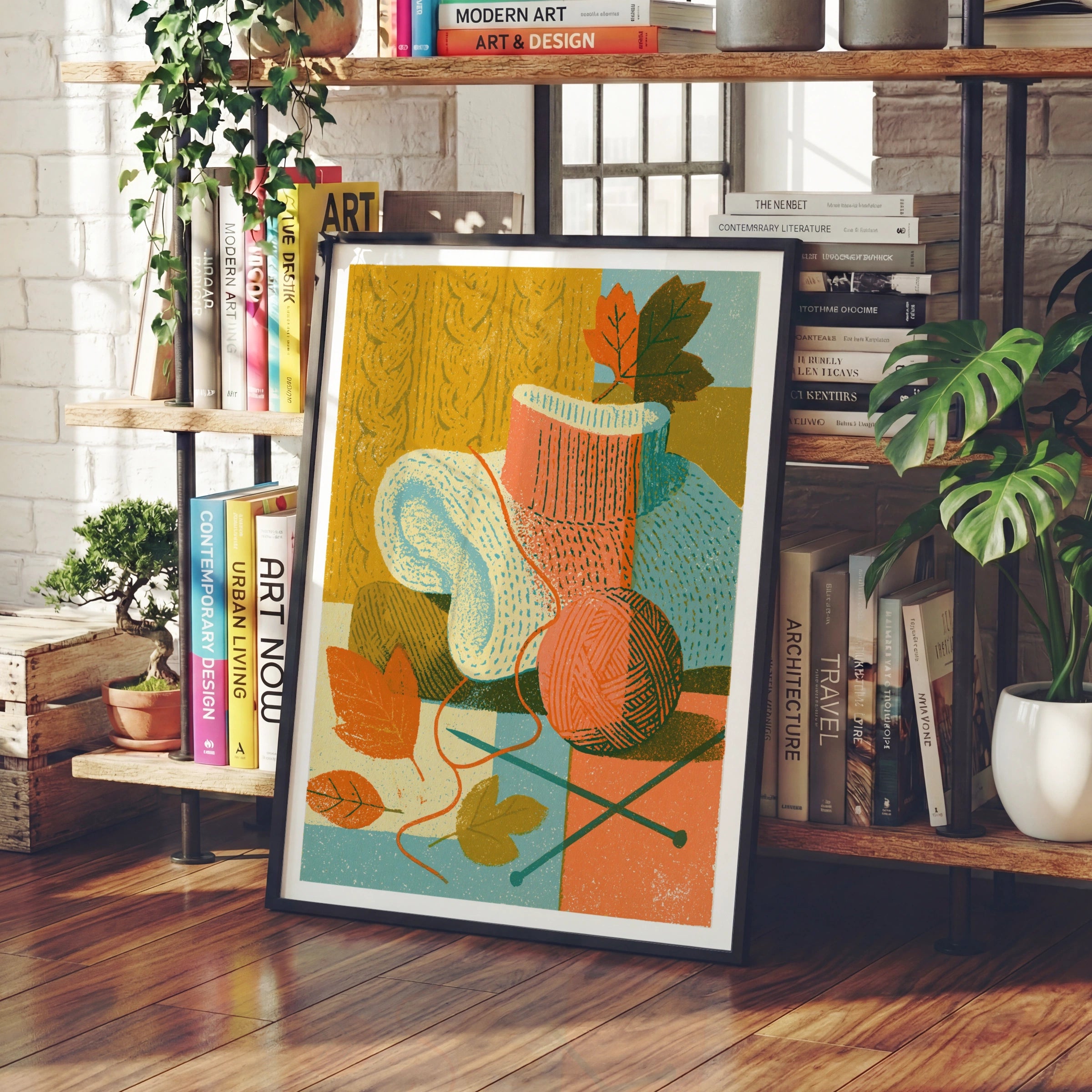 Retro Knitting Poster, Autumn Wool Art Print, Cosy Fall Craft Wall Decor, Vintage Style