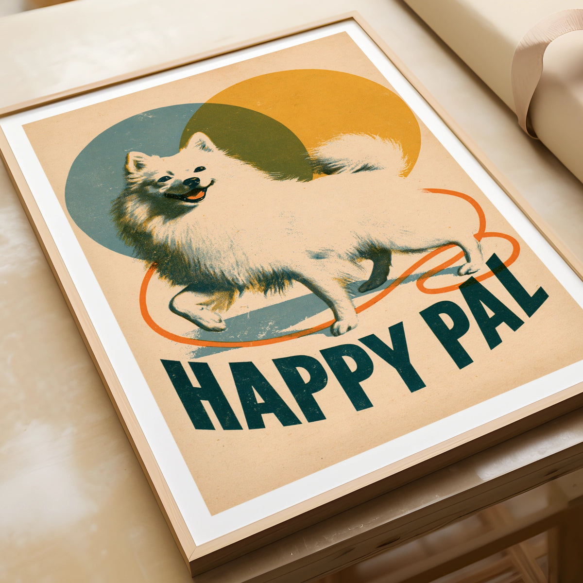 Retro Spitz Dog Poster, Happy Pal Folk Art Print, Vintage Style Wall Art Gift