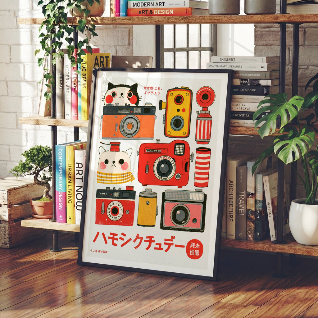 Retro Camera Kawaii Cat Poster, Japanese Vintage Film Camera Wall Art Print, Cute Kids decor