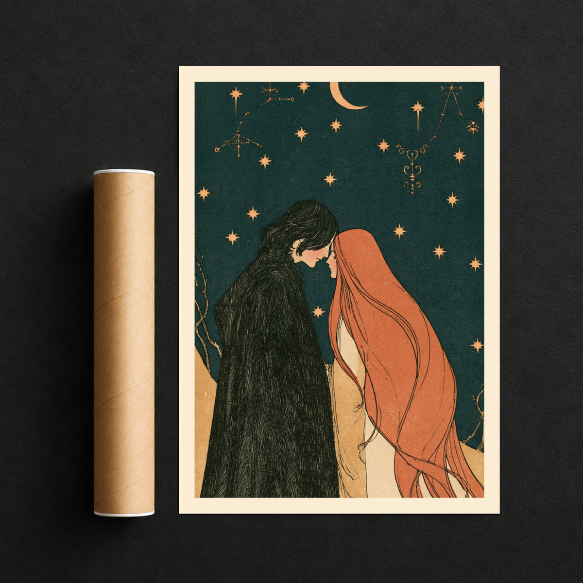 Celestial Lovers Art Print, Starry Night Sky Poster, Vintage Romantic Wall Art, Crescent Moon Couple
