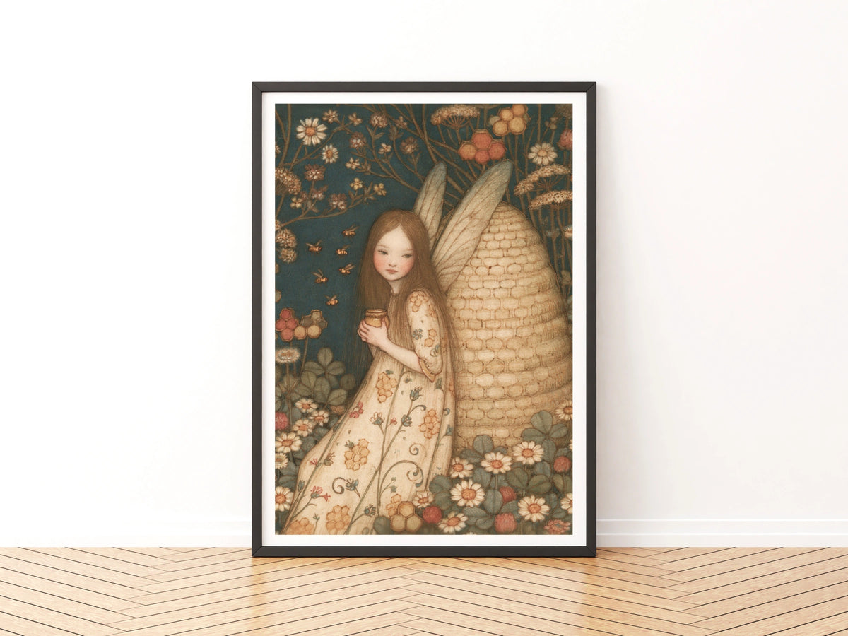 Fairy Girl Bee Skep Print, Classic Folk Art Poster, Floral Botanical Whimsical Wall Art