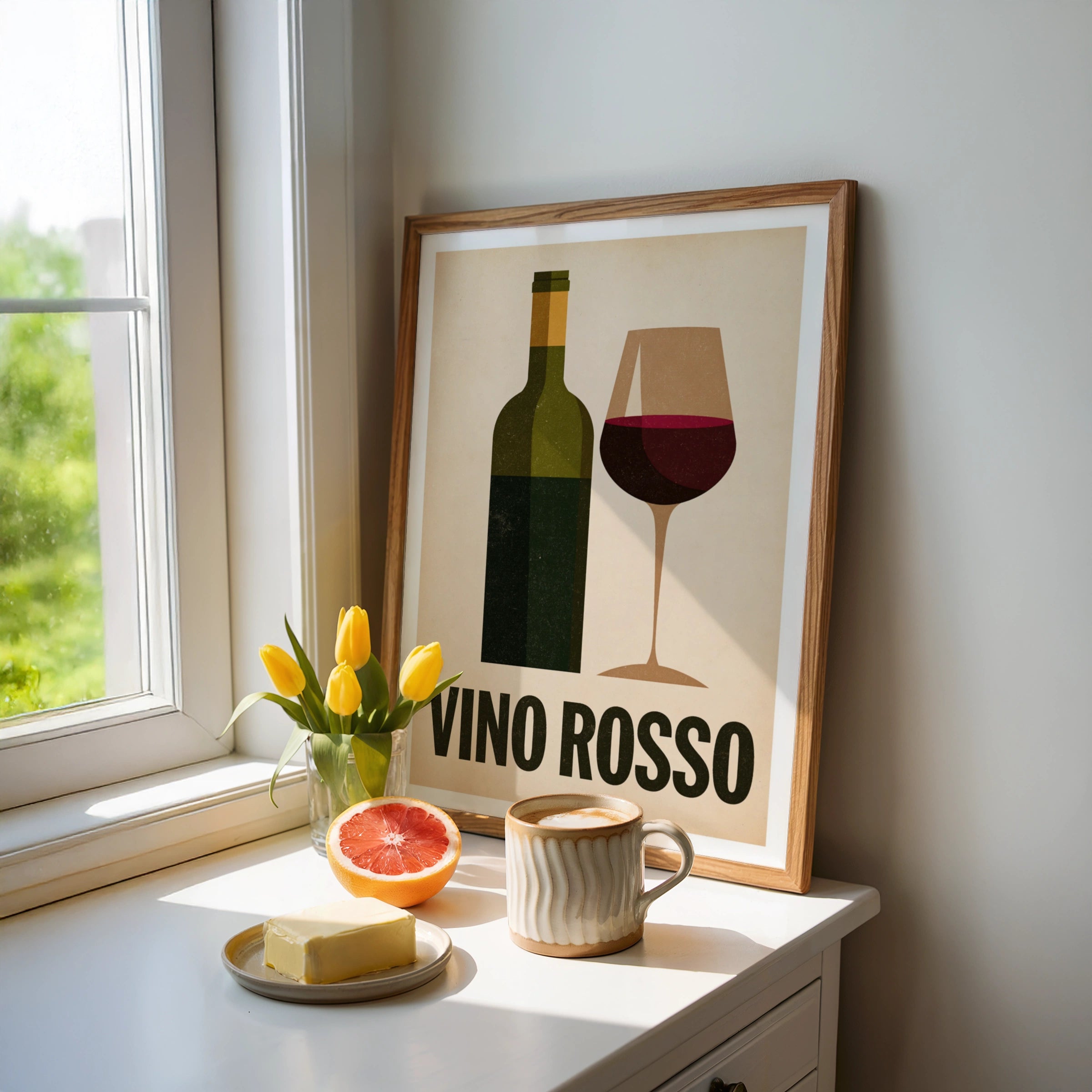 Vino Rosso Italian Wine Print | Rustic Kitchen Decor | Retro Mid Century Risograph Wine Art