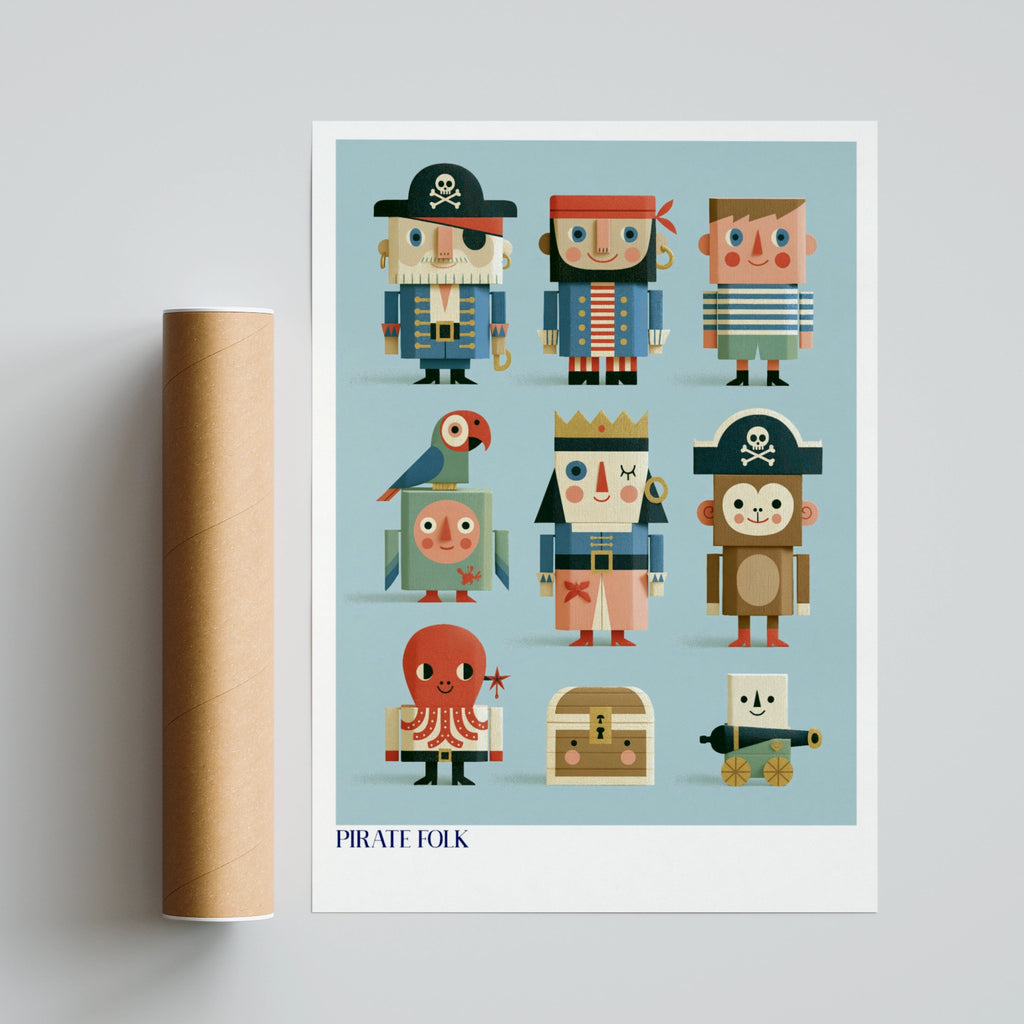 Pirate Folk Kids Wall Art, Retro Children's Print, Nursery Poster, Collectable