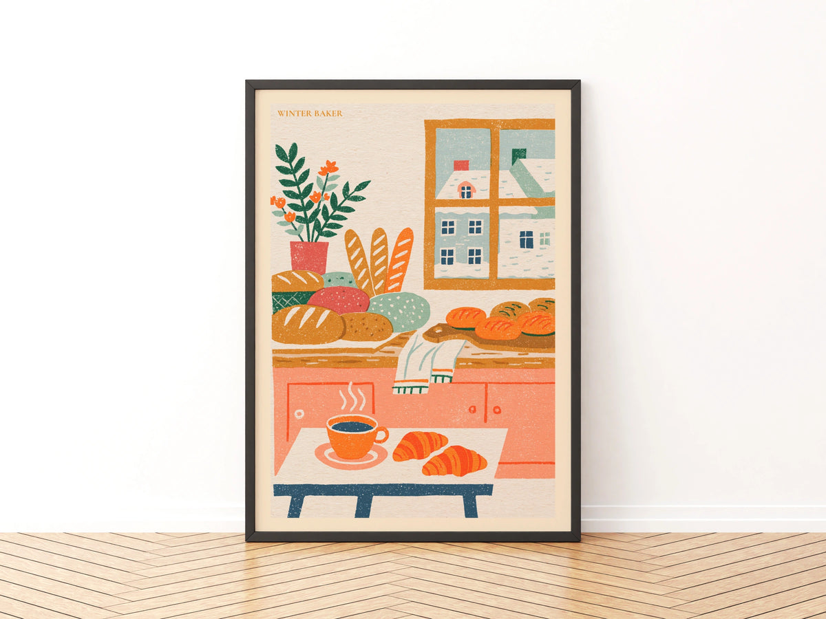 Winter Baker Vintage Food Poster Print | Rustic Kitchen Decor | Retro Mid Century Risograph Art