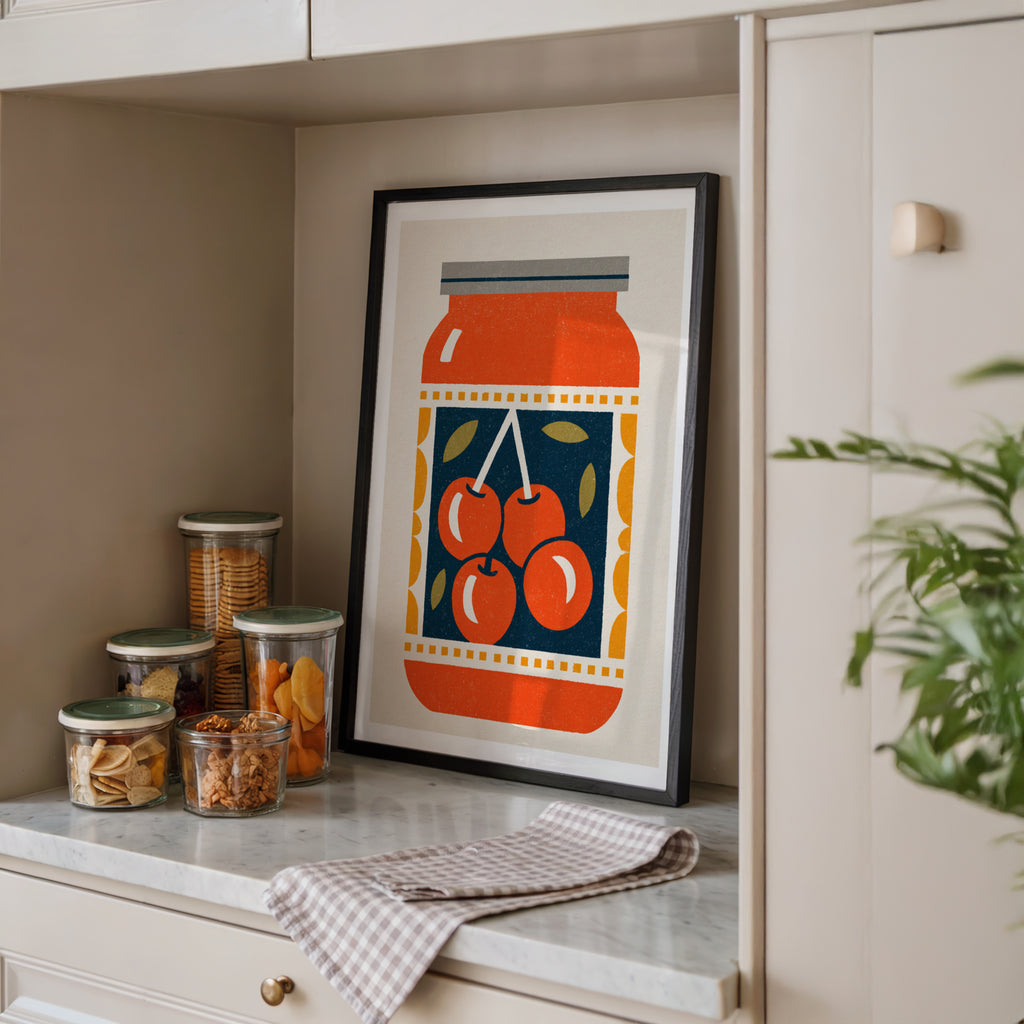 Vintage Food Poster Print, Cherry Jam Jar, Rustic Kitchen Decor, Retro Mid Century Risograph Art