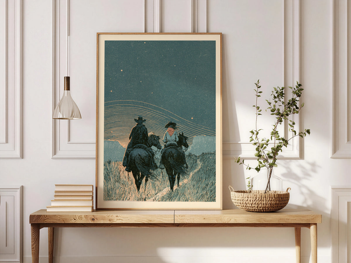 Cowboy and Cowgirl Riding Horses Under Stars, Western Wall Art, Vintage Night Sky Poster Print