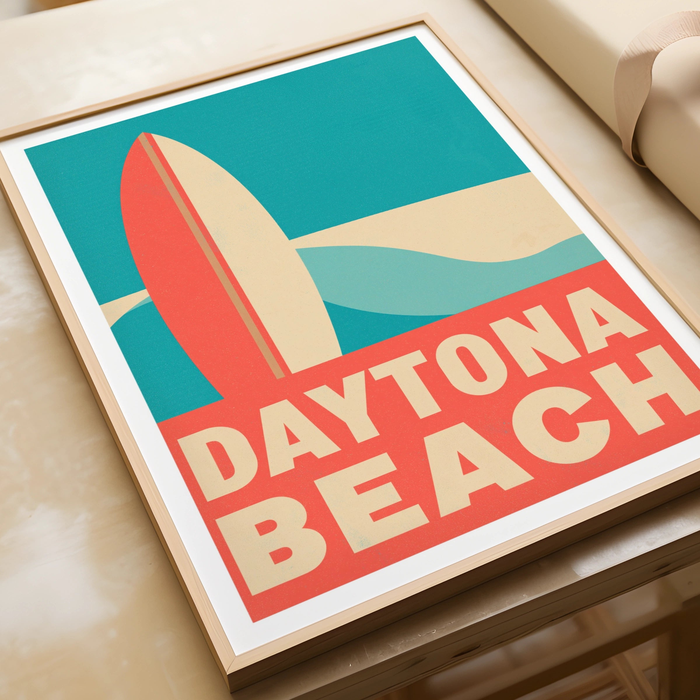 Daytona Beach Retro Surf Poster, Florida Vintage Travel Print, Surfboard Wall Art