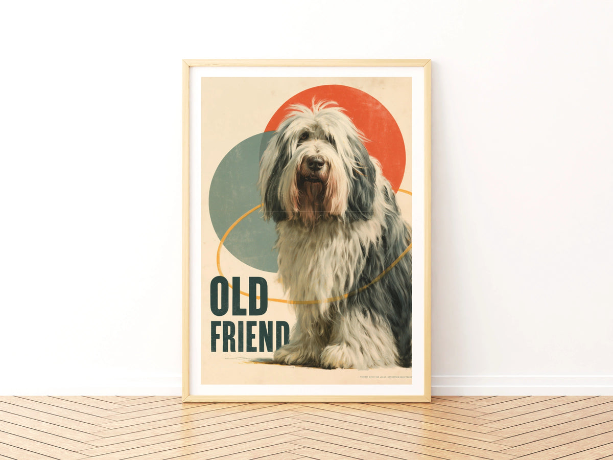 Old English Sheepdog Retro Poster, Vintage Dog Print, Folk Wall Art, Bobtail Gift