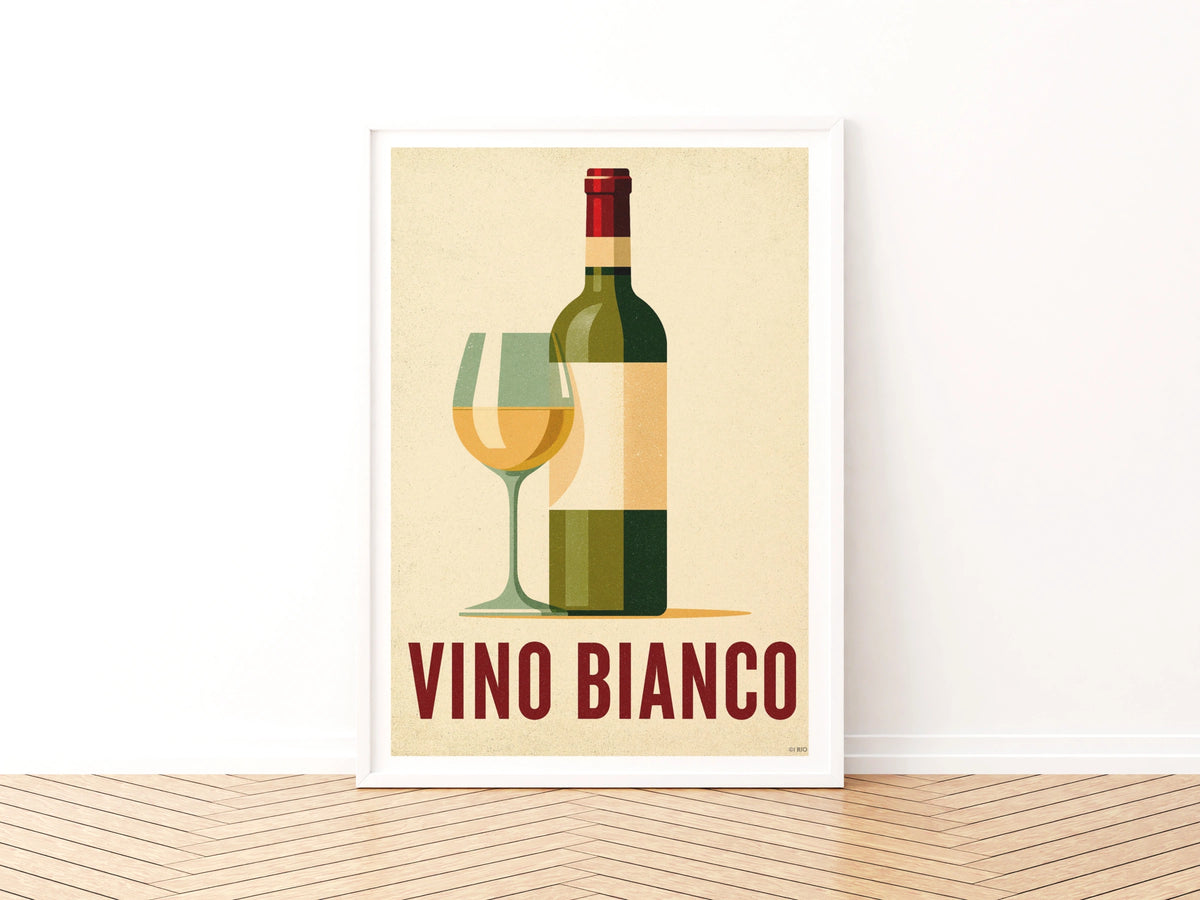 Vino Bianco Vintage Food Poster Print | Rustic Kitchen Decor | Retro Mid Century Risograph Wine