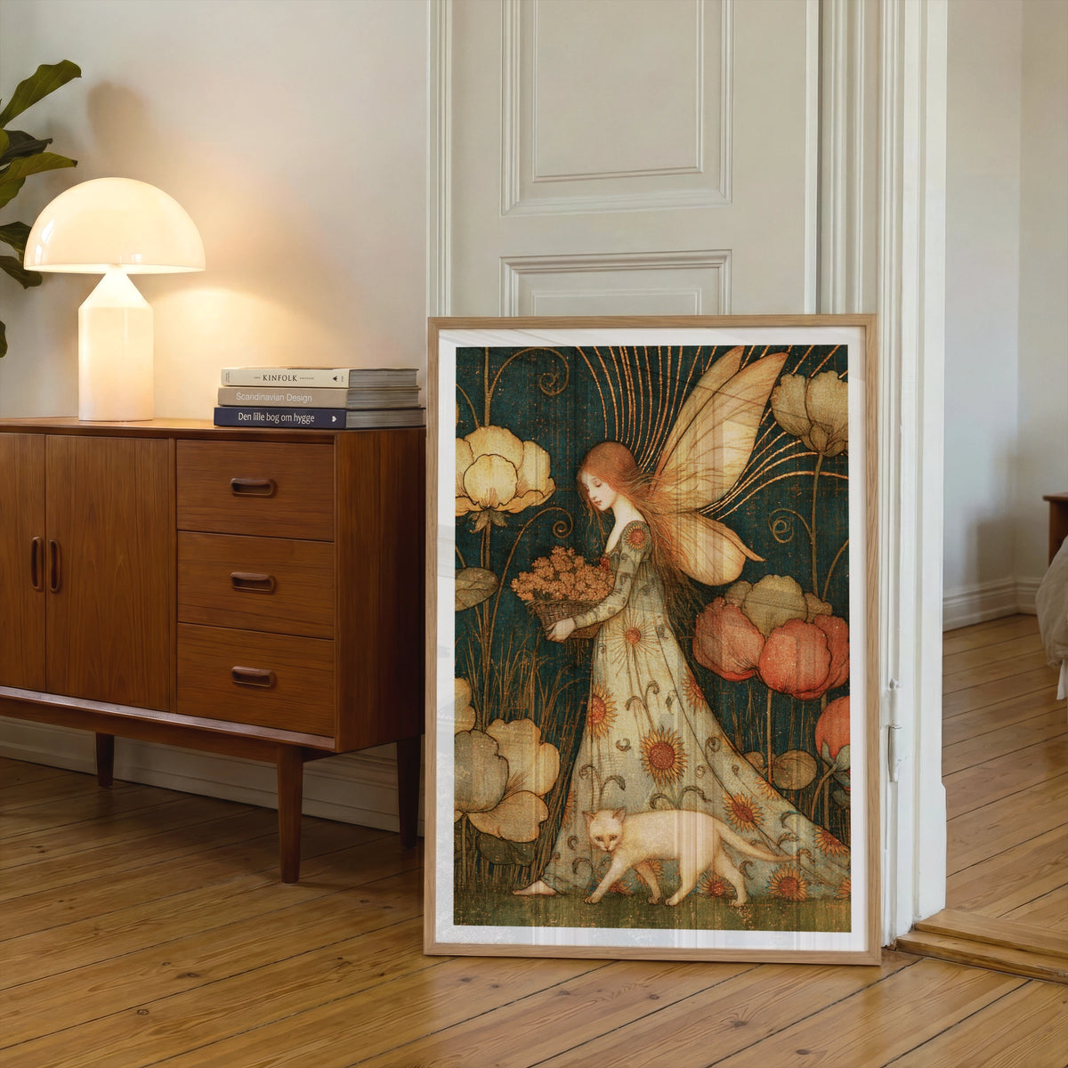 Summer Garden Fairy Art Print, Classic Vintage Fairy Poster, Teal Gold Floral Cat Wall Art