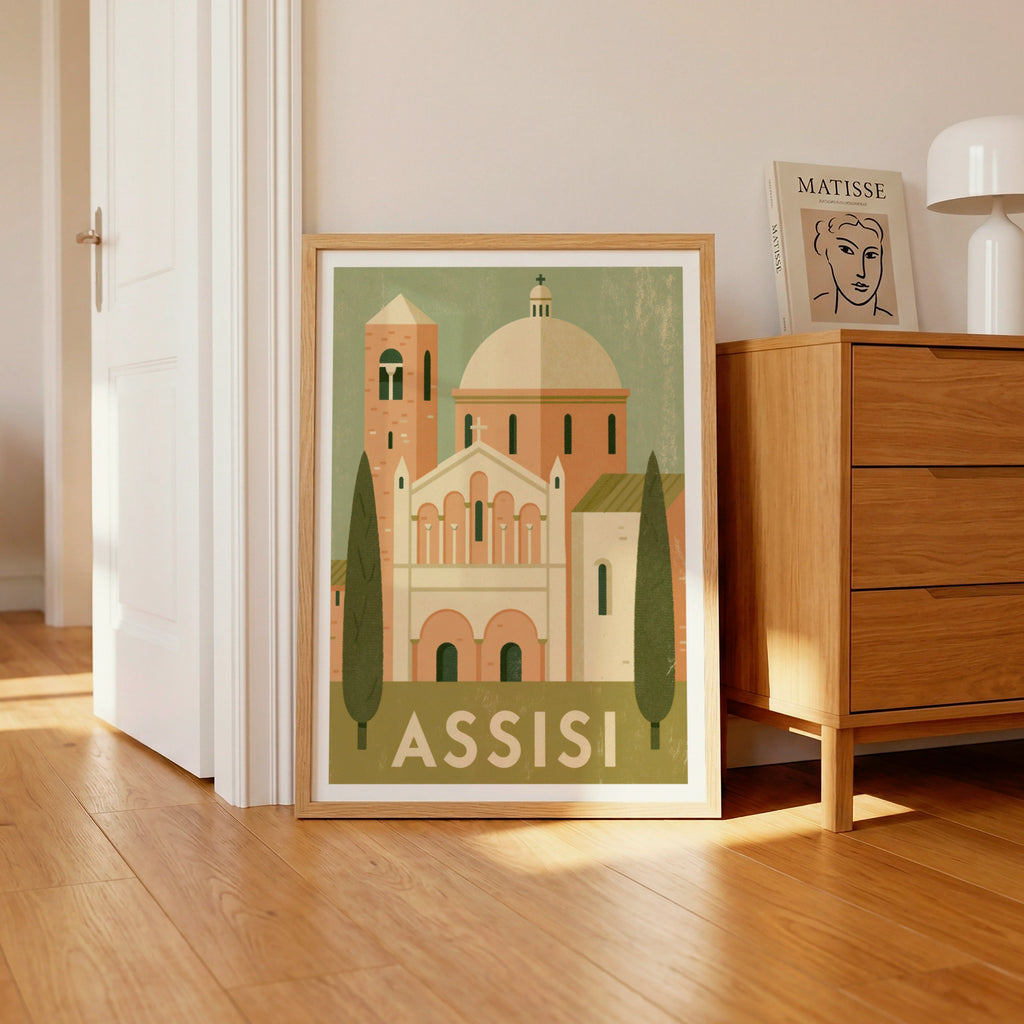 Assisi Italy Vintage Travel Poster, Retro Italian Church Print, Umbria Wall Art